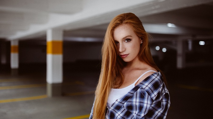 face, long hair, hair in face, redhead, model, empty, looking at viewer, freckles, checkered, bare shoulders, brown eyes, garages, shirt, girl, portrait