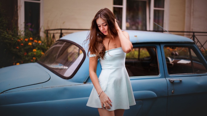 long hair, car, depth of field, classic car, girl, brunette, hands in hair, girl outdoors, dress