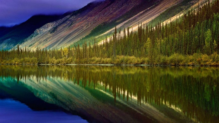 landscape, water, clouds, river, Canada, forest, trees, mountain, reflection, nature