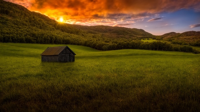 nature, colorful, landscape, hut, forest, summer, sunset, clouds, mountain, sky, grass