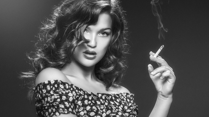 girl, smoking, model, monochrome