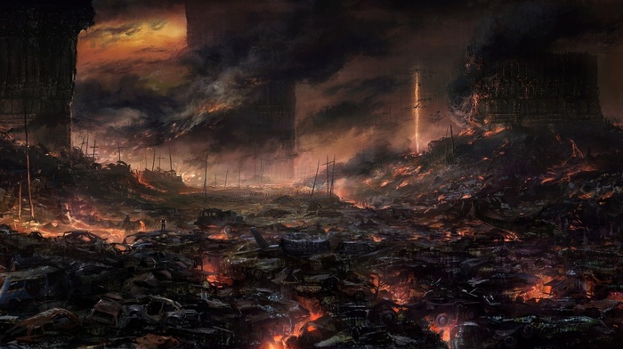 apocalyptic, wasteland, fire, artwork
