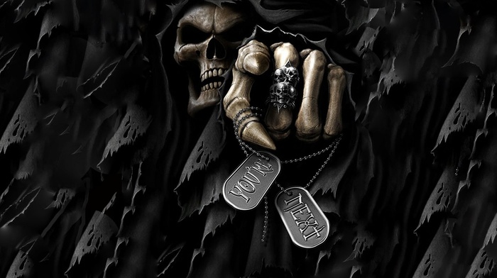 spooky, skull, teeth, dark, ripped clothes, bones, rings, text, digital art, death, grim reaper