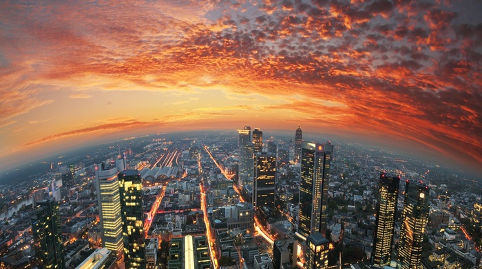 sunset, city, Germany, Frankfurt, sky