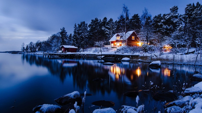 cabin, space, landscape, winter, night, snow, Sweden