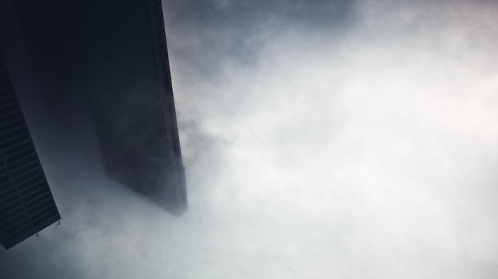 inverted, clouds, building, city, mist