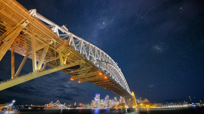 bridge, Sydney, stars, Sydney Harbour, Sydney Harbour Bridge, city, night