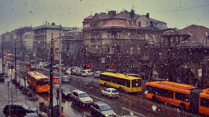 buses, Belgrade, city, car, snow, Serbia