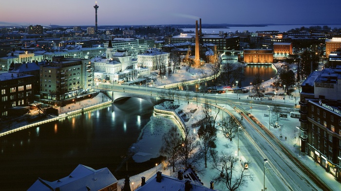 snow, river, Finland, street, bridge, city, long exposure