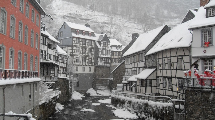 snow, mountain, Germany, house, town, village