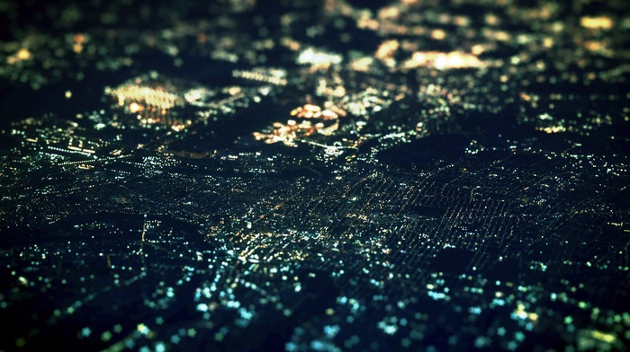 city, night, aerial view, tilt shift