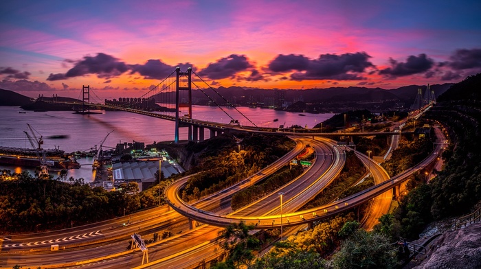 bridge, long exposure, Victoria Harbour, city, Freeway, Hong Kong, street, highway, Tsing Ma Bridge, sunset