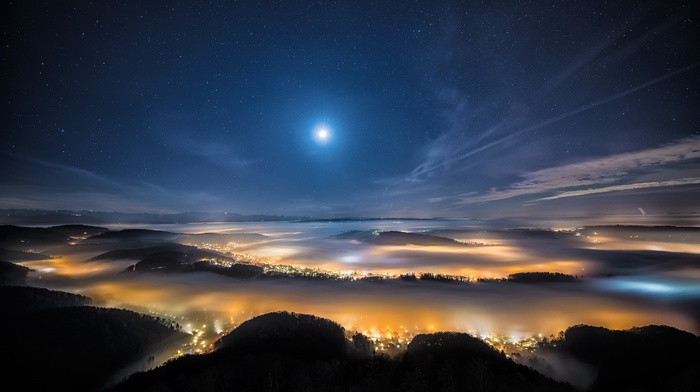 mist, Switzerland, moon, city, mountain, night, Zurich