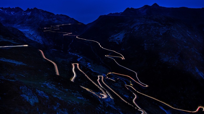 night, mountain, long exposure, road, Switzerland, hairpin turns
