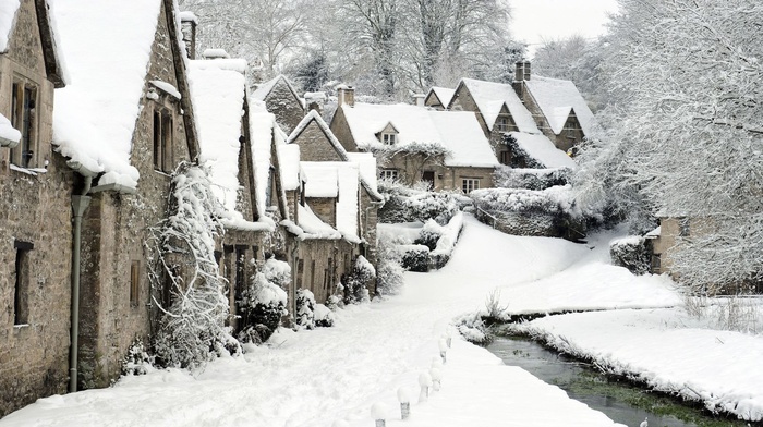 Bibury, town, winter, stream, England, ngland, snow