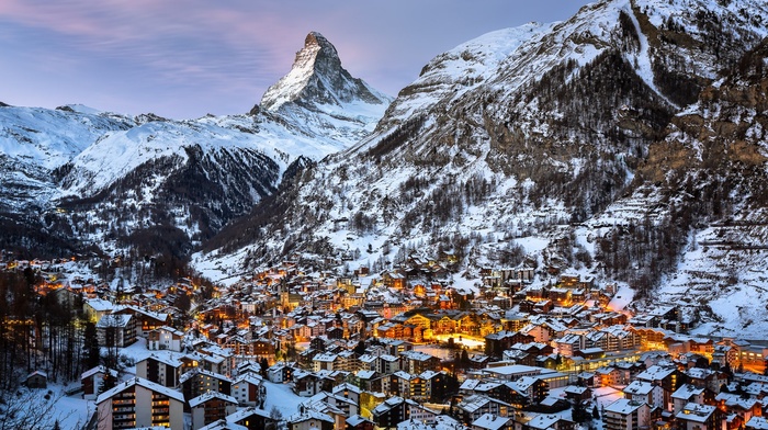 winter, mountain, town, Zermatt, Matterhorn, Switzerland, snow