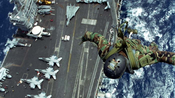 military aircraft, paratroopers, military, soldier, Grumman F, 14 Tomcat, FA, 18 Hornet, aircraft carrier, United States Navy