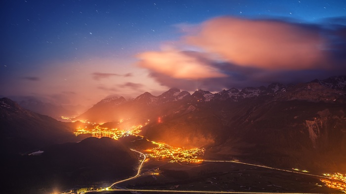 mist, evening, Switzerland, starry night, cityscape, mountain, lights, road, St. Moritz, nature, valley, landscape