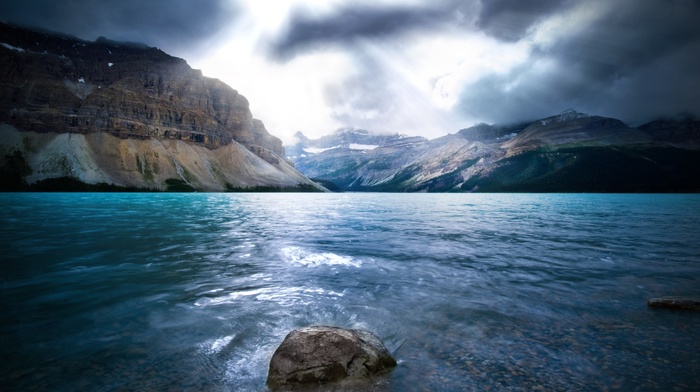 Canada, sun rays, landscape, mountain, nature, sunlight, lake, summer, water, clouds, blue