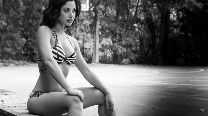 looking away, girl, bikini, carol seleme, sitting, monochrome