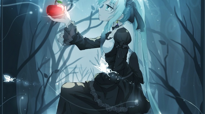Hatsune Miku, anime girls, forest clearing, apples, Vocaloid