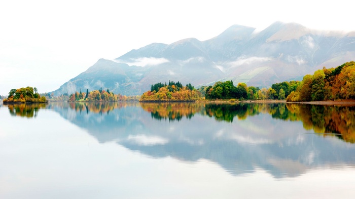 water, UK, sky, fall, forest, colorful, mist, reflection, mirrored, trees, landscape, England, mountain, nature, hill, lake