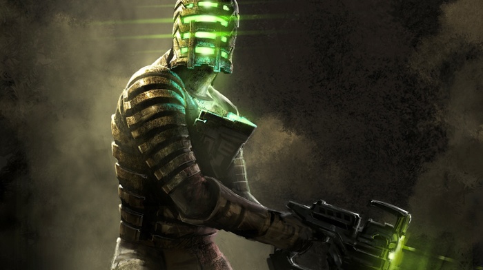 smoke, video games, men, Dead Space, mask, digital art, glowing, gun, Dead Space 2