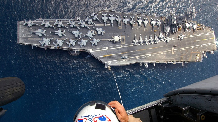 aircraft, military, FA, 18 Hornet, aerial view, ship, navy, aircraft carrier