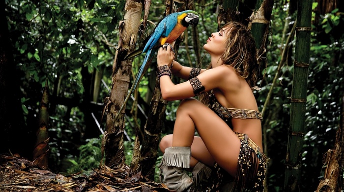 jungles, girl, model, birds