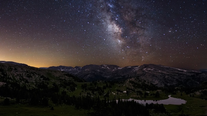 landscape, starry night, stars, Milky Way