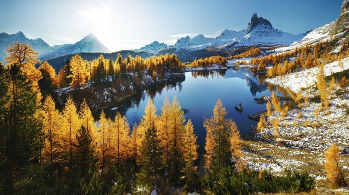 landscape, water, trees, fall, snow, blue, forest, Dolomites mountains, mountain, nature, sunrise, lake