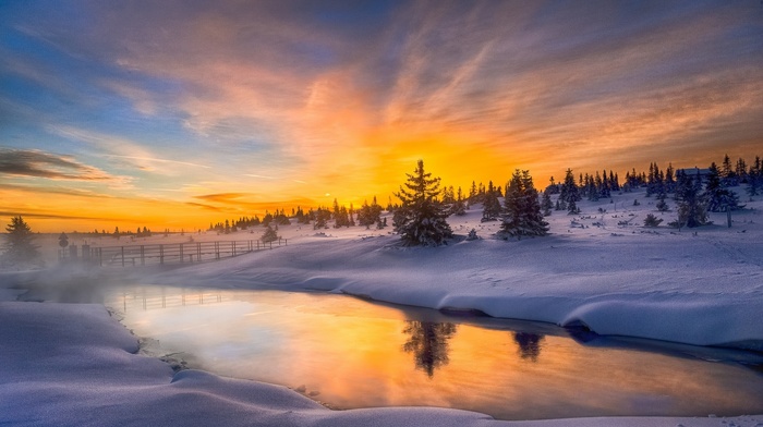 mist, house, frost, Norway, winter, trees, sky, cold, landscape, sunrise, clouds, snow, river, nature