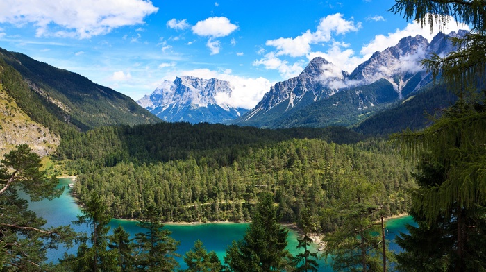 turquoise, mountain, clouds, water, Alps, lake, landscape, trees, forest, summer, nature