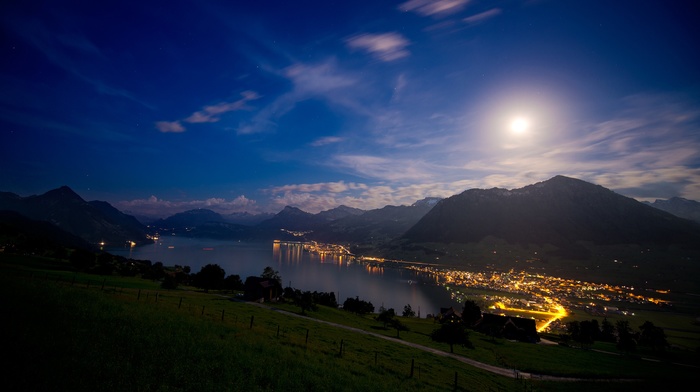 lights, Switzerland, landscape, night, mountain, stars, lake, grass, clouds, sky, nature, moon, city