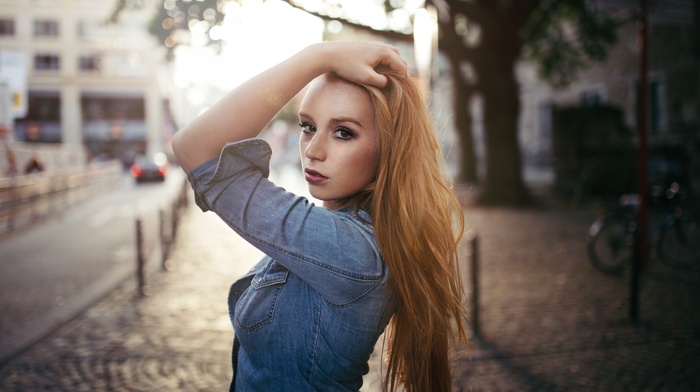 girl, portrait, blonde, hands in hair