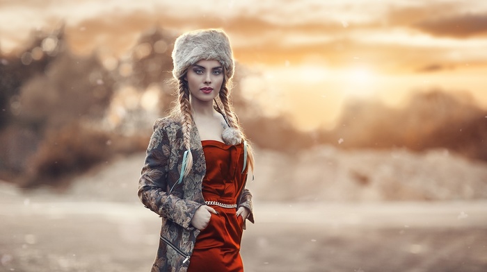 hat, blue eyes, girl outdoors, girl, Alessandro Di Cicco, blonde, red lipstick, portrait, red dress, braids, model