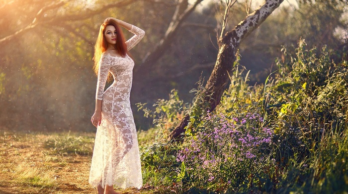 girl, redhead, see, through clothing, white clothing, dress, model, girl outdoors