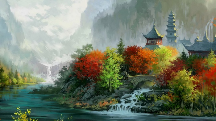 Asian architecture, mountain, forest, leaves, nature, fall, landscape, house, digital art, bridge, trees, artwork, painting, valley, river, waterfall, tower