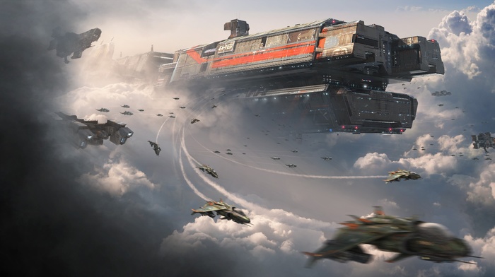 aircraft, futuristic, video games, universe, sky, flying, titanfall, spaceship, lights, space, science fiction, technology, clouds, digital art, motherships