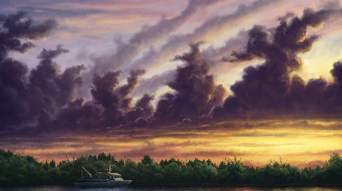 digital art, Sun, clouds, nature, painting, water, trees, ship, landscape, forest, sky