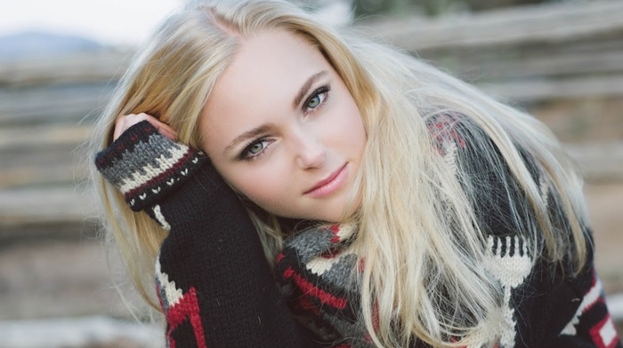 actress, face, blonde, sweater, girl outdoors, AnnaSophia Robb, long hair, looking at viewer, girl, depth of field