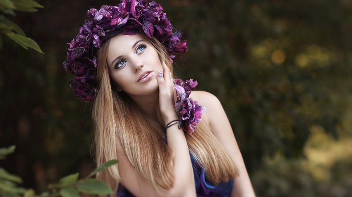 bare shoulders, trees, long hair, wreaths, open mouth, flowers, depth of field, nature, leaves, girl, model, blonde, blue eyes, looking up, girl outdoors