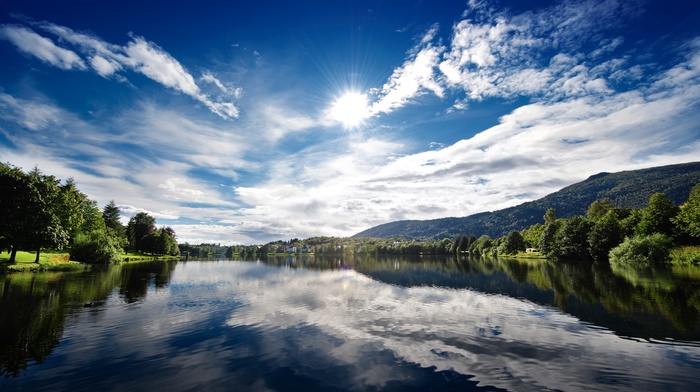 clouds, Norway, landscape, nature, trees, city, reflection, river, sunlight
