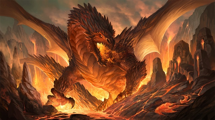lava, dragon, fire, teeth, ruins, scales, smoke