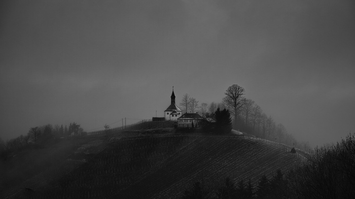 nature, hill, landscape, road, field, church, mist, winter, forest, house, trees, silhouette, monochrome