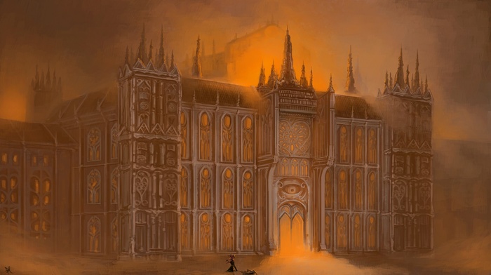 Gothic, building, painting, digital art, architecture, Kaenbyou Rin