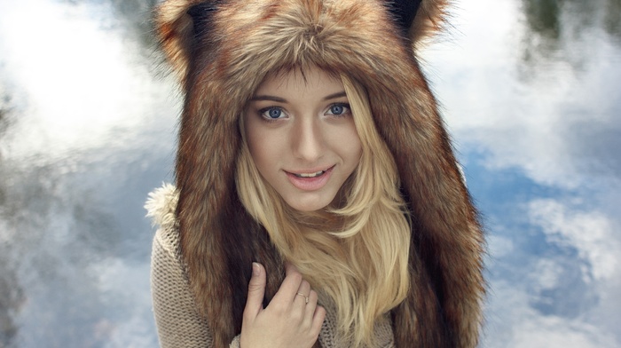 smiling, fur cap, blue eyes, girl, model, blonde, portrait