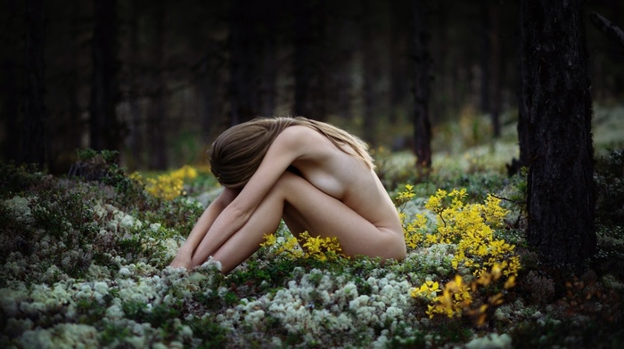 nature, girl outdoors, brunette, strategic covering, flowers, model, sitting, nude, girl, long hair, boobs, forest, trees