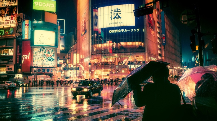 night, Japan, rain, street light, city