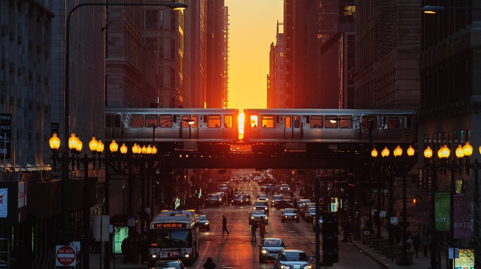 metro, Chicago, sunset, Illinois, car, street, city